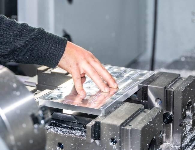 Manufacturing engineer loads aluminum workpiece into CNC mill