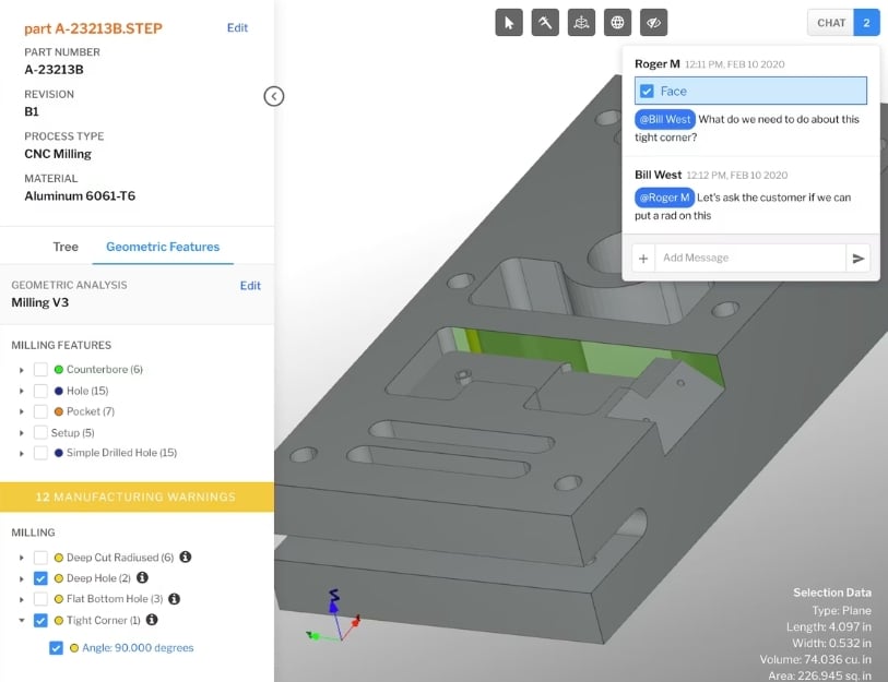Screenshot of a 3D CAD model with an open chat between engineers discussing DFM