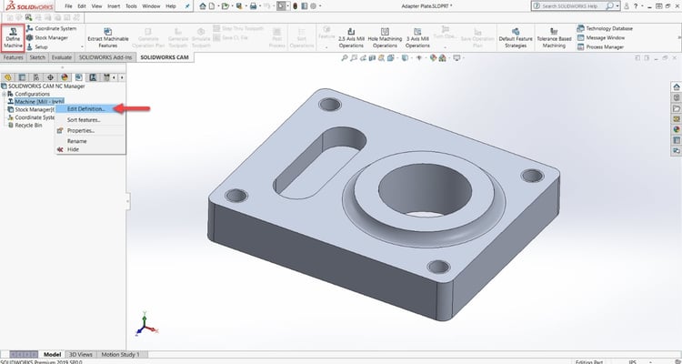 Milled component CAD model in SolidWorks