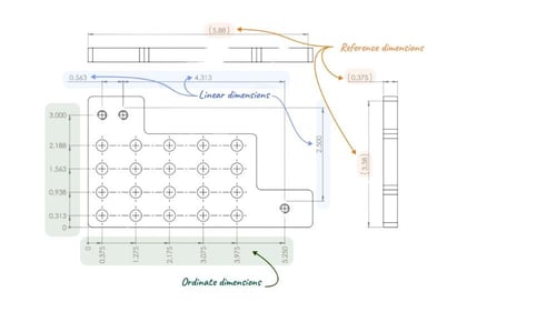 Types of dimensions called out on a part drawing