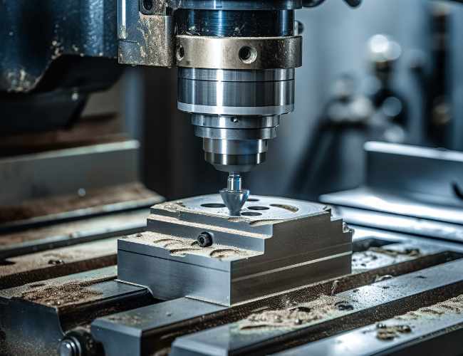 CNC mill drills a hole into workpiece