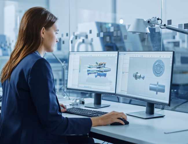 A mechanical engineer works on an aerospace component's CAD model