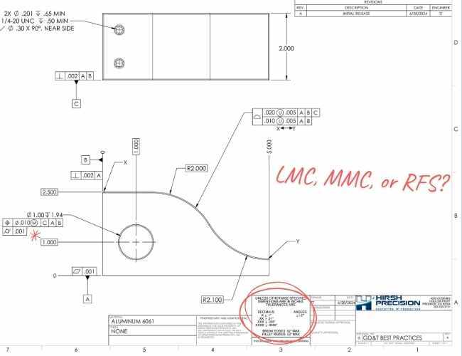 A technical drawing with multiple features and tolerances called out