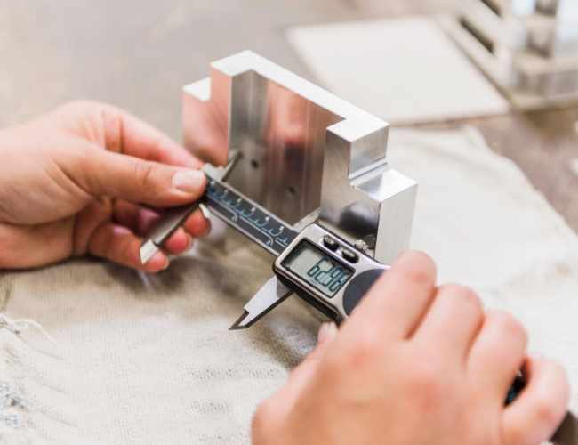 Engineer measures part with calilpers
